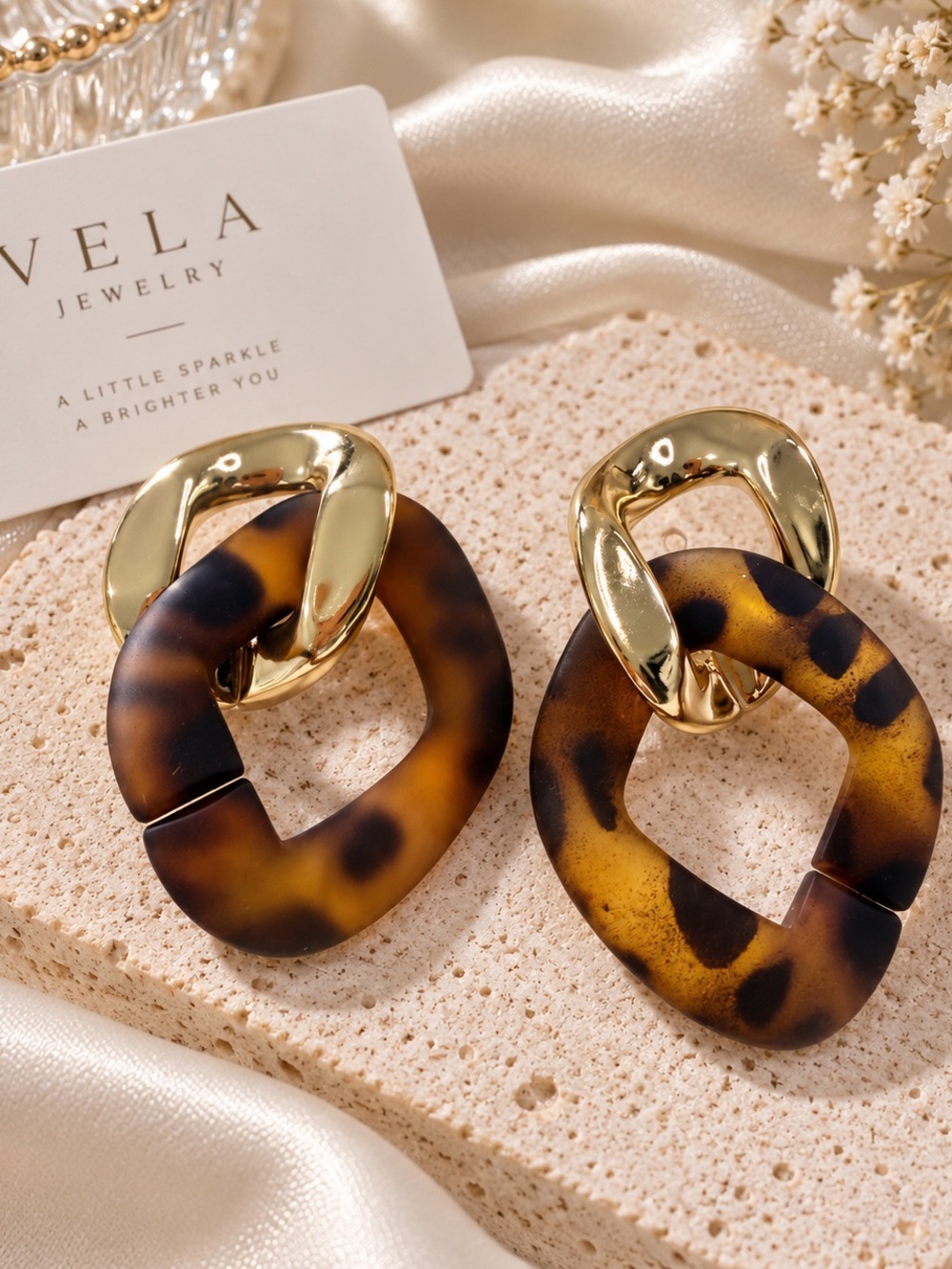 Gold & Tortoiseshell Link Drop Earrings - Brown